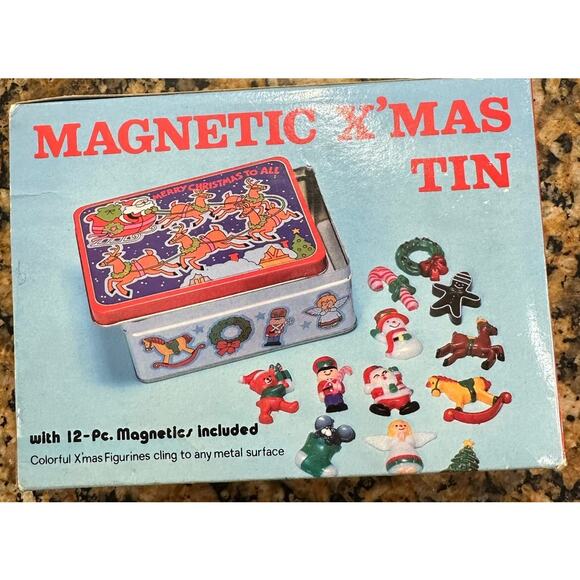 VTG J.S.N.Y. 12 Miniature Plastic Christmas Holiday Magnets w/ Original Tin - Picture 1 of 8